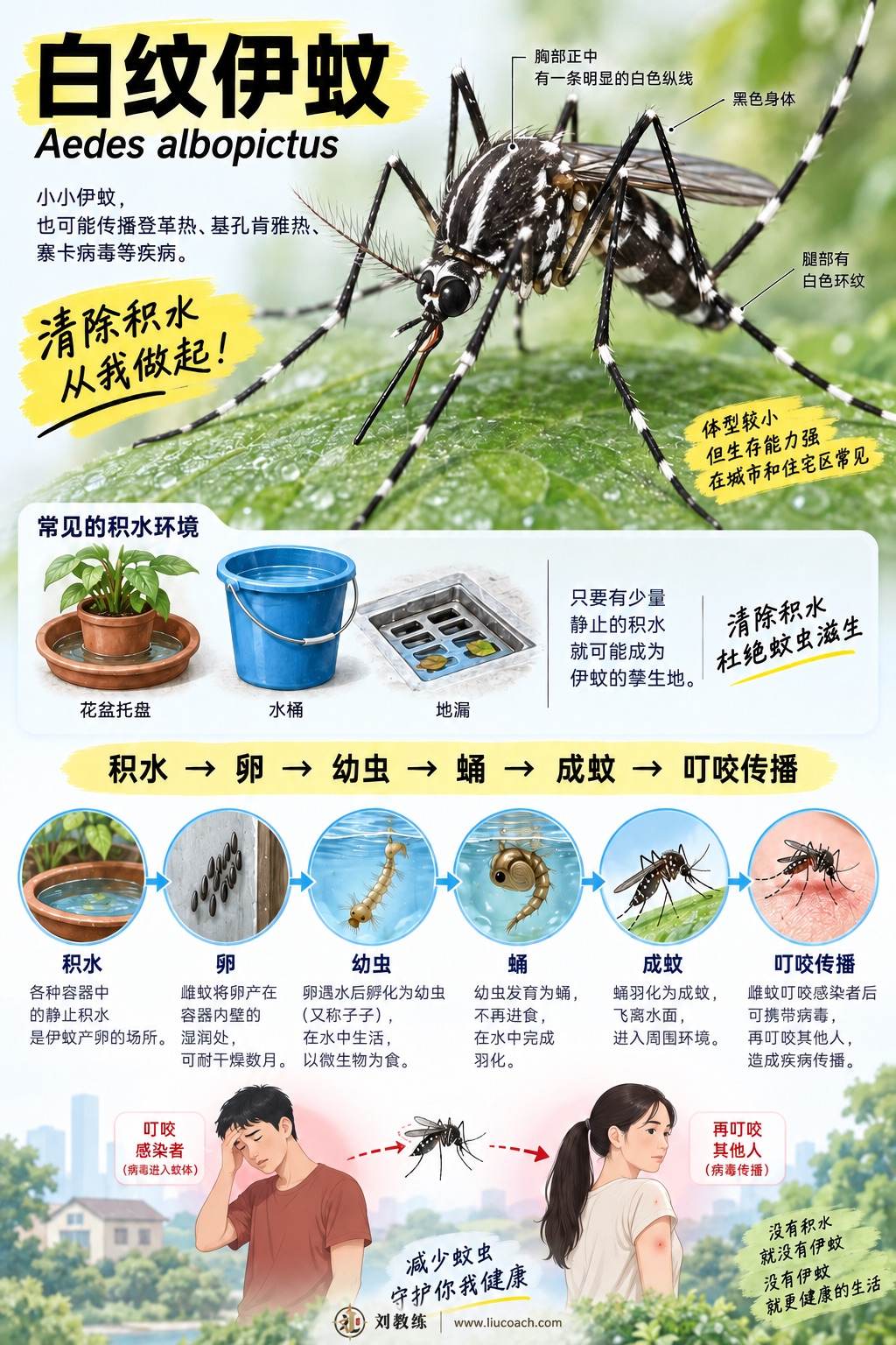 白纹伊蚊（Aedes albopictus）：积水 → 卵 → 幼虫 → 蛹 → 成蚊 → 叮咬传播。清除积水，从我做起