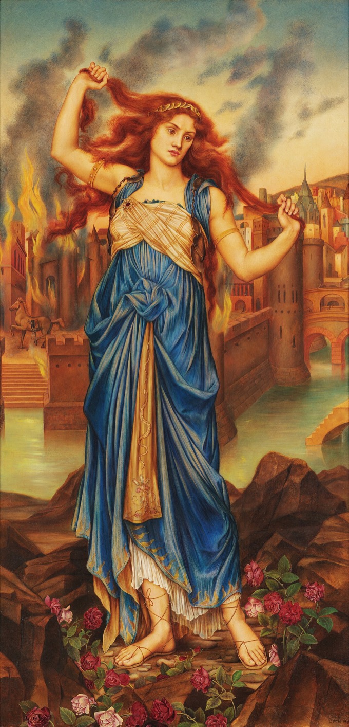 德·摩根画作:蓝袍红发的卡珊德拉揪着头发,身后特洛伊燃烧,左侧可见木马,脚边散落玫瑰。