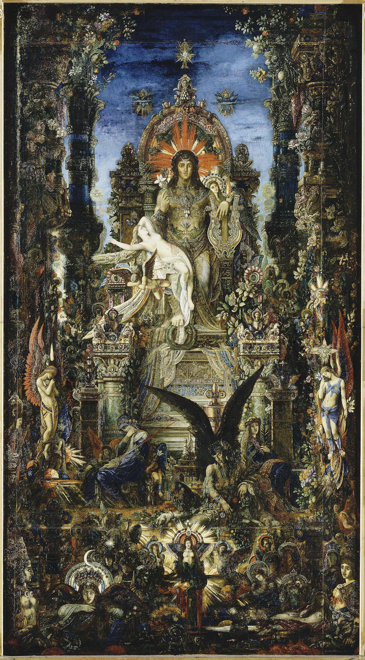 莫罗的象征主义油画:朱庇特端坐华丽宝座,塞墨勒倒在他身旁,周围布满神话与寓意人物。