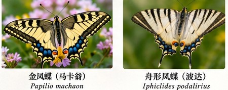 蝴蝶造型示意插画：金凤蝶与舟形凤蝶并列。