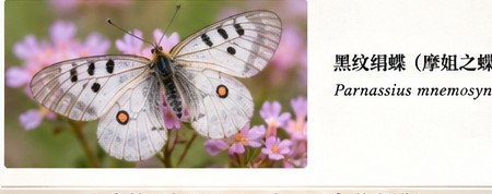蝴蝶造型示意插画:浅色蝴蝶与黑纹绢蝶文字标签;不作为物种识别依据。