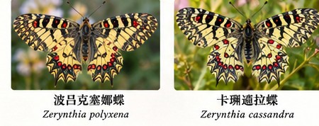 蝴蝶造型示意插画:波吕克塞娜蝶与卡珊德拉蝶并列。