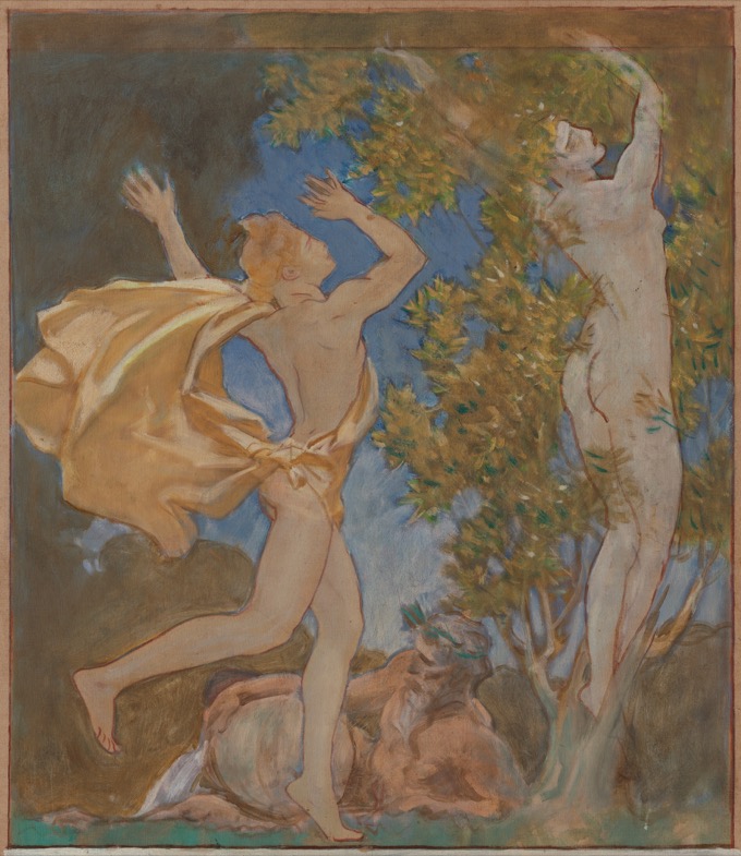 萨金特画作:左侧阿波罗伸手追赶,右侧达芙妮抬臂,身体正与树干和月桂枝叶融为一体。